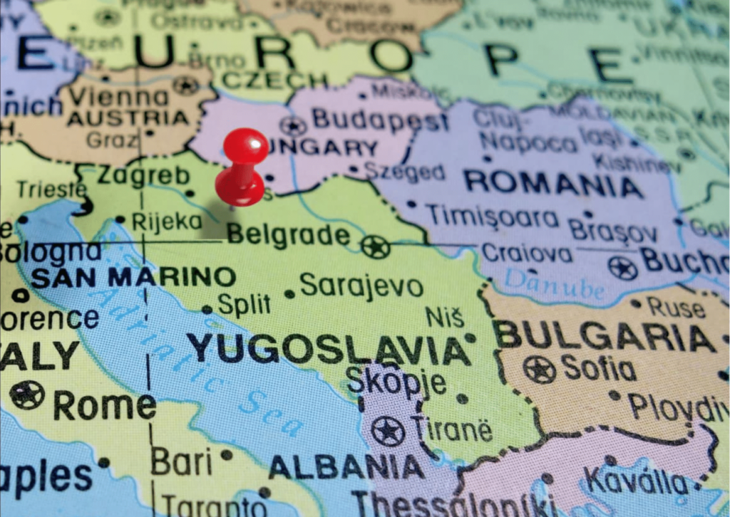 A map showing Yugoslavia and other countries.
