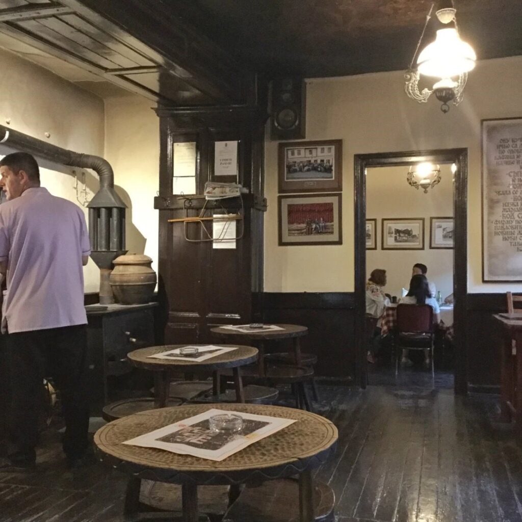 Interior of kafana Question mark