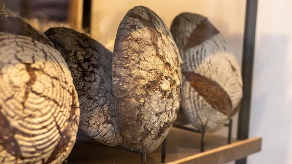 Several loaves of dark bread on a shelf.