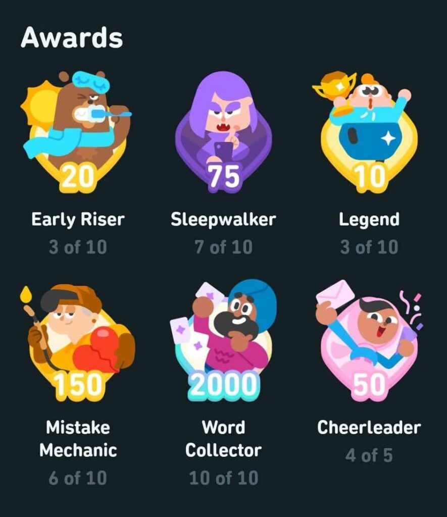 A set of badges that the Duolingo app gives to its users