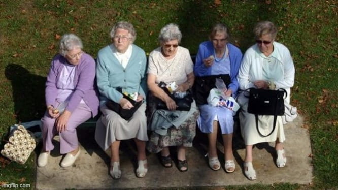 Five elderly women sitting on a bench.