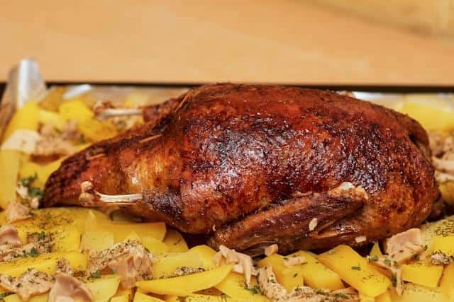 Roast chicken with potatoes.
