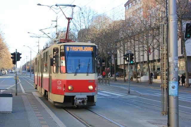 A red tram in Belgrade.