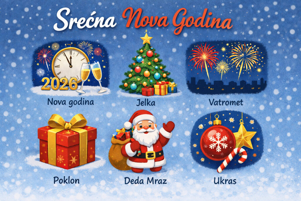 Happy New Year in Serbian, along with related vocabulary with illustrations.