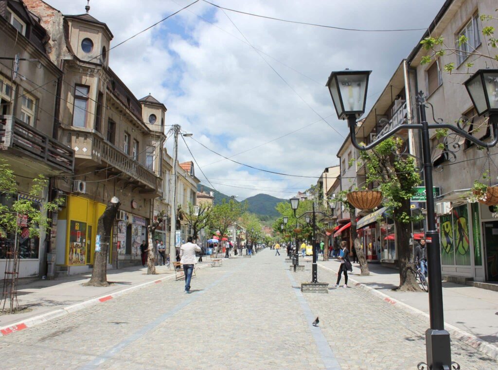 A cobblestone street in Vranje, Serbia.