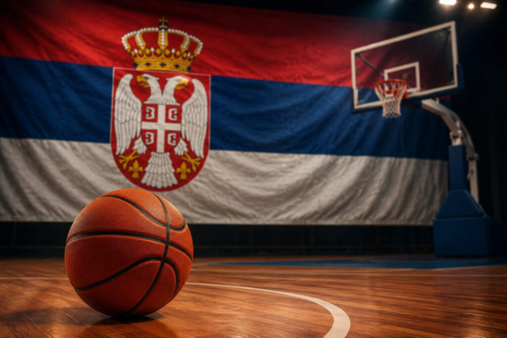 A basketball court with a basketball and a Serbian flag in the background